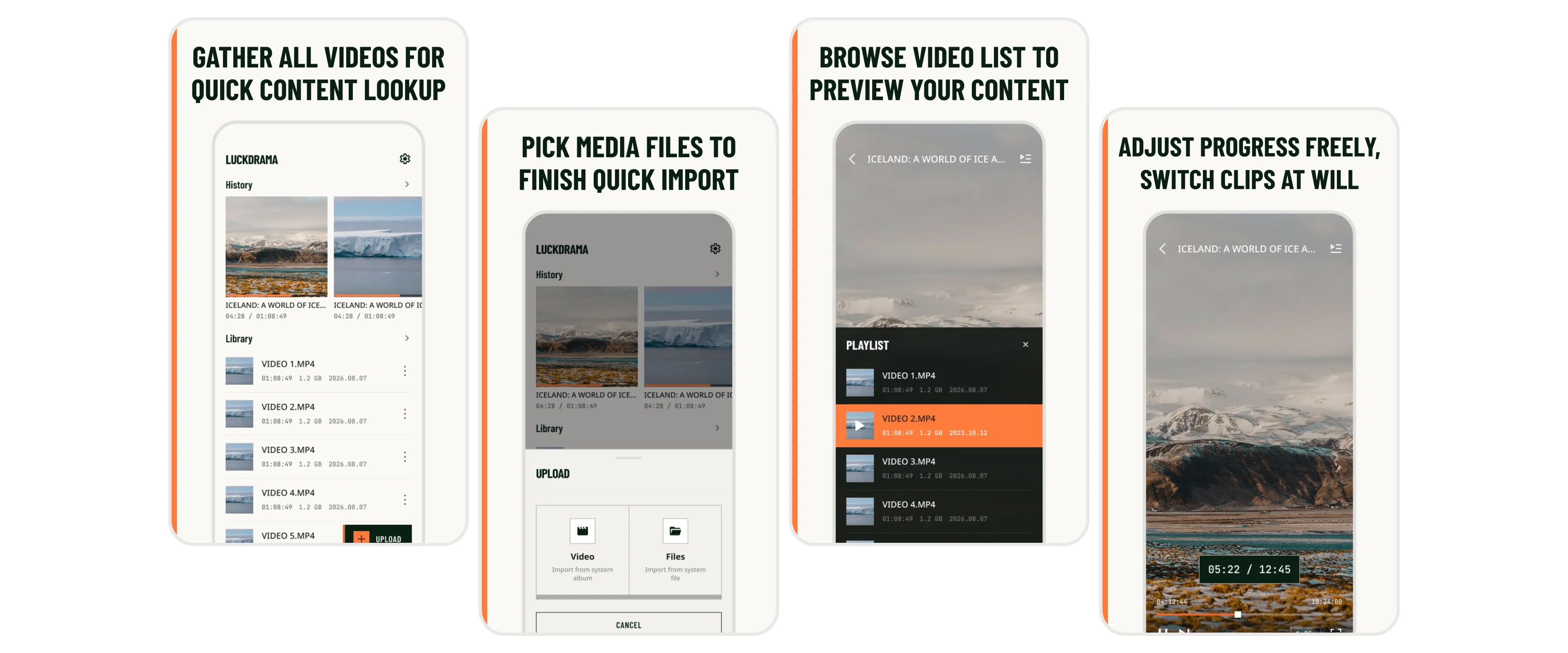 LuckDrama video library, file import, playlist preview, and playback controls